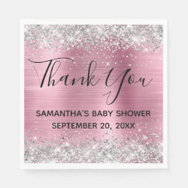 Silver Glitzer Pink Foil Babydusche Danke Serviette