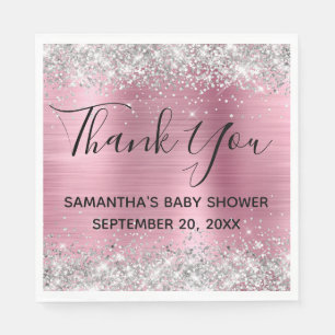 Silver Glitzer Pink Foil Babydusche Danke Serviette