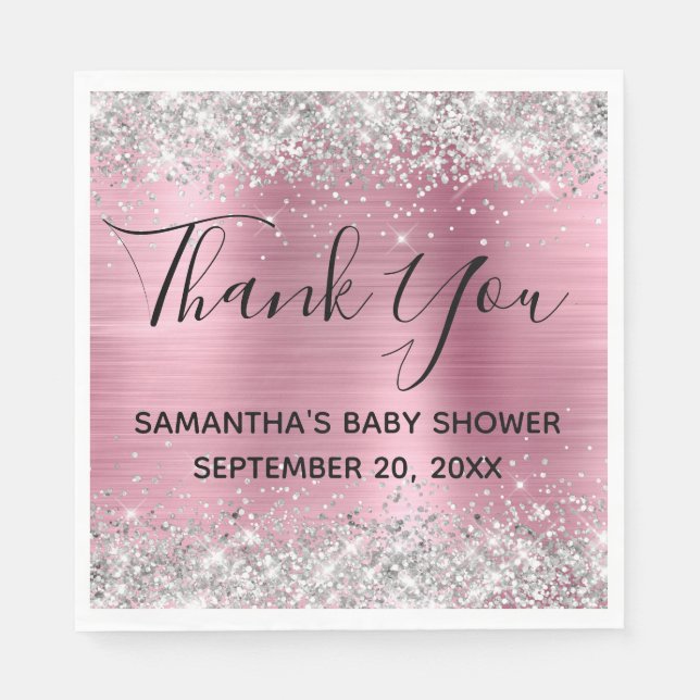 Silver Glitzer Pink Foil Babydusche Danke Serviette (Vorderseite)