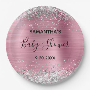 Silver Glitzer Pink Foil Babydusche Pappteller