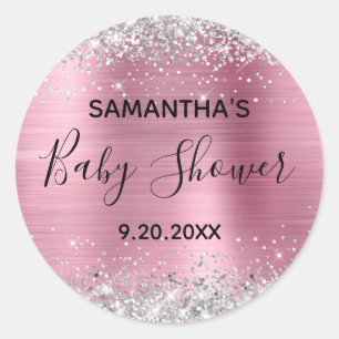 Silver Glitzer Pink Foil Babydusche Runder Aufkleber