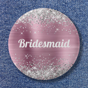 Silver Glitzer Pink Foil Bridesmaid Button