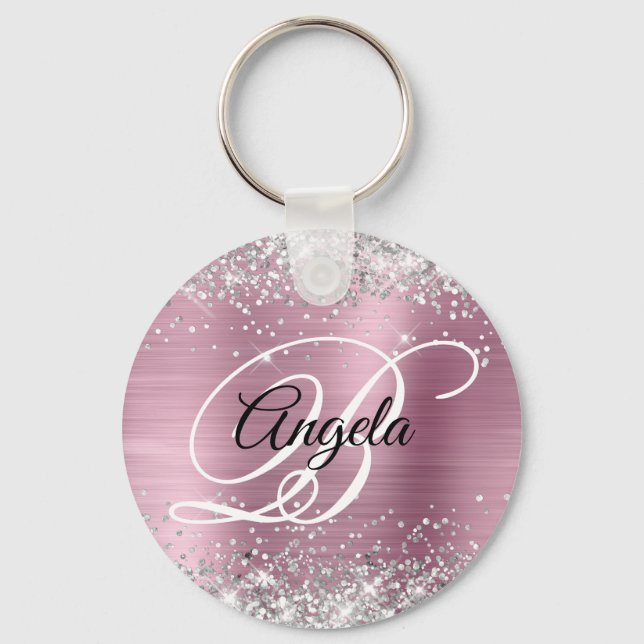 Silver Glitzer Pink Foil Extravagant Monogramm Schlüsselanhänger (Vorderseite)