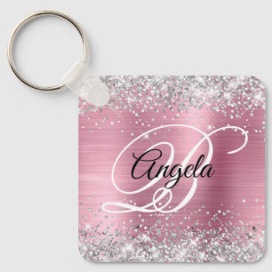 Silver Glitzer Pink Foil Extravagant Monogramm Schlüsselanhänger