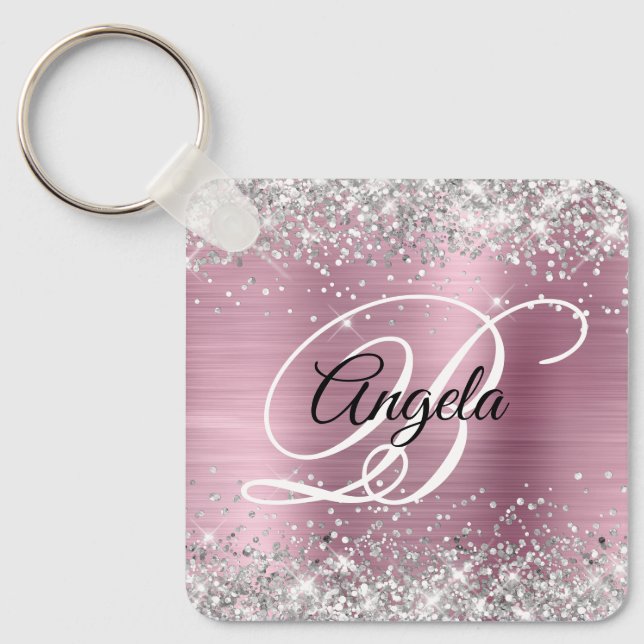 Silver Glitzer Pink Foil Extravagant Monogramm Schlüsselanhänger (Vorderseite)