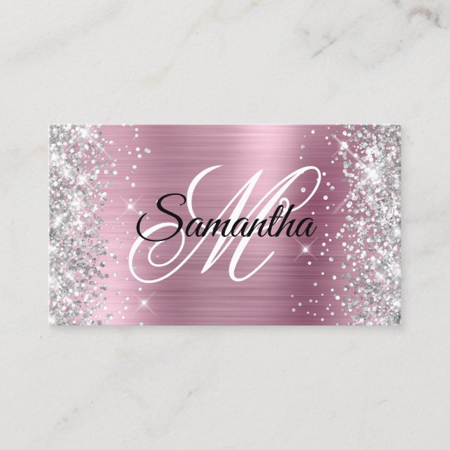 Silver Glitzer Pink Foil Extravagant Monogramm Visitenkarte (Vorderseite)