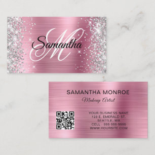 Silver Glitzer Pink Foil Monogram QR Code Visitenkarte