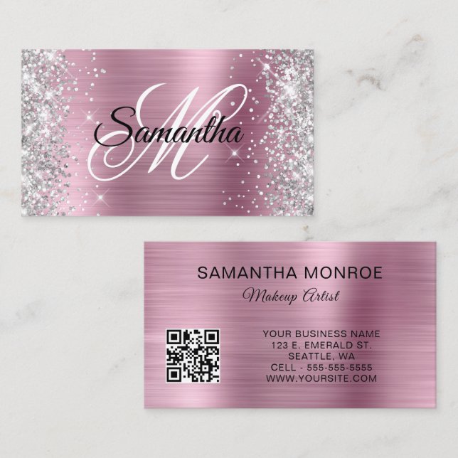 Silver Glitzer Pink Foil Monogram QR Code Visitenkarte (Vorne/Hinten)