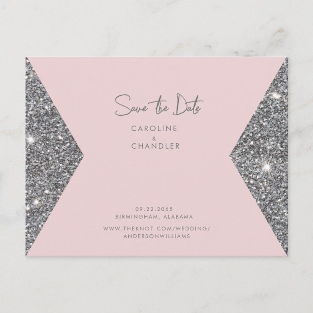 Silver Glitzer & Pink Foto Wedding Save the Date Postkarte (Vorderseite)