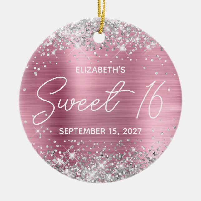 Silver Glitzer Pink Modernes Extravagant Sweet 16  Keramik Ornament (Vorne)