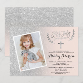 Silver Glitzer Pink ombre erste Kommunion Foto Einladung