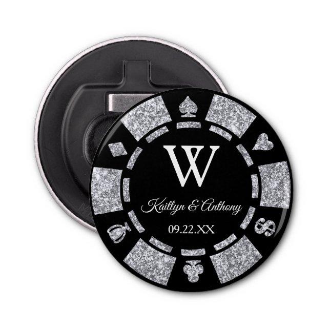 Silver Glitzer Poker Chip Casino Gastgeschenk Hoch Flaschenöffner (Vorderseite)