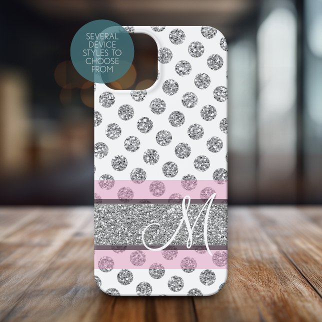 Silver Glitzer Polka Dot Muster mit Monogramm Case-Mate iPhone Hülle (Personalized Phone Case with Monogram)