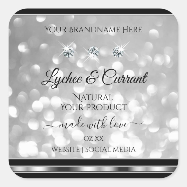 Silver Glitzer Product Labels Sparkling Diamonds Quadratischer Aufkleber (Vorderseite)