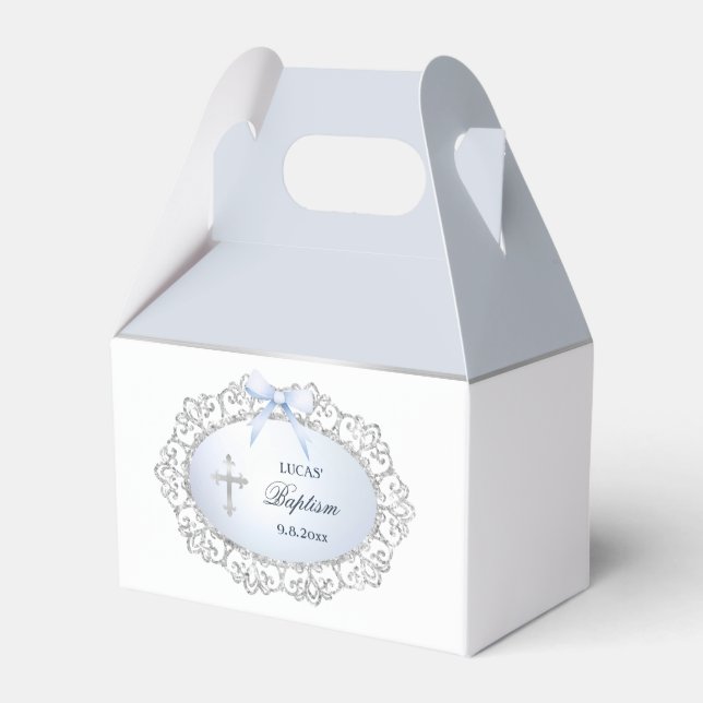 Silver Glitzer Rahmen Blue Bow Taufe Kleines Gabel Geschenkschachtel (Vorderseite)