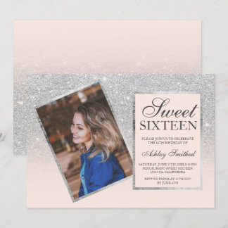 Silver Glitzer Rahmen rot ombre Foto Sweet 16 Einladung