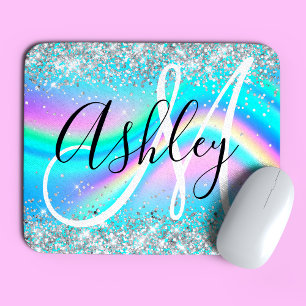 Silver Glitzer Rainbow Wave Aqua Ombre Monogram Mousepad