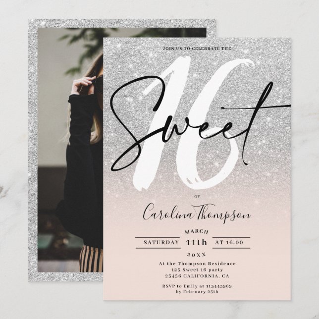 Silver Glitzer Randskript Foto Sweet 16 Einladung (Vorne/Hinten)