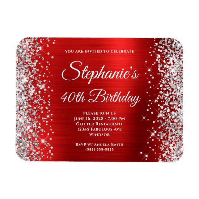 Silver Glitzer Red Foil 40. Geburtstag Keepake Magnet (Horizontal)