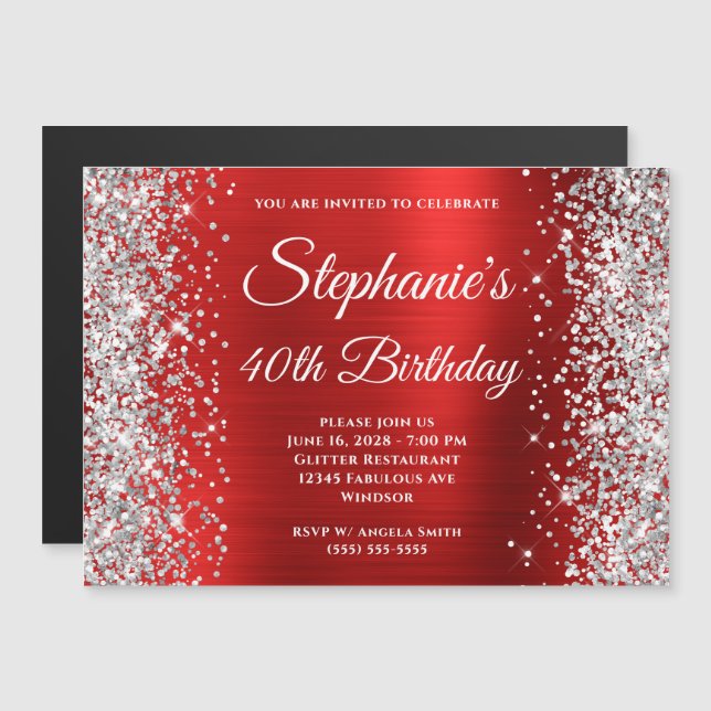 Silver Glitzer Red Foil 40. Geburtstag Magneteinladung (Vorne/Hinten)