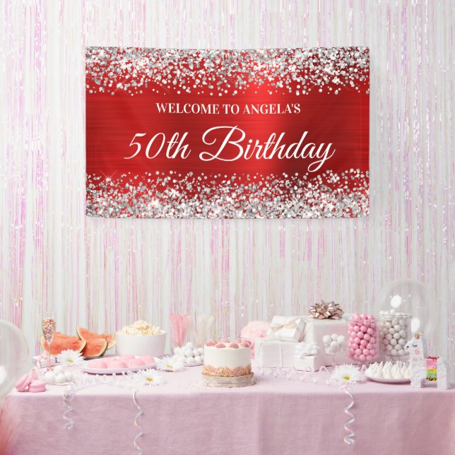 Silver Glitzer Red Foil 50. Geburtstag Willkommen Banner (Party)