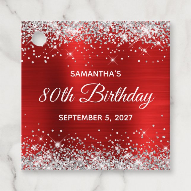 Silver Glitzer Red Foil 80. Geburtstag Geschenkanhänger (Vorderseite)