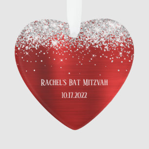 Silver Glitzer Red Foil Bat Mitzvah Herz Ornament