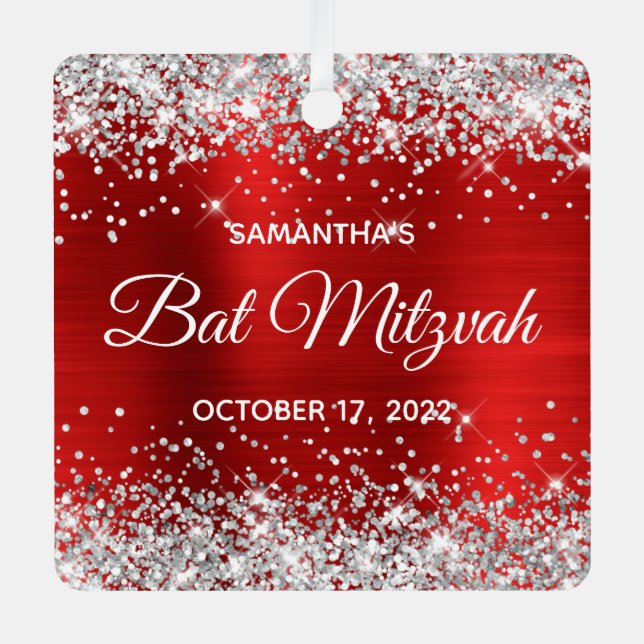 Silver Glitzer Red Foil Bat Mitzvah Ornament Aus Metall (Vorderseite)
