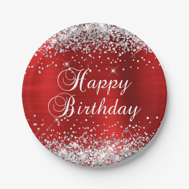 Silver Glitzer Red Foil Happy Birthday Pappteller (Vorderseite)