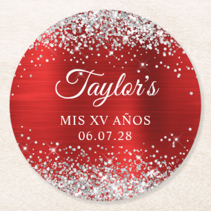 Silver Glitzer Red Foil Mis XV Anos Birthday Runder Pappuntersetzer