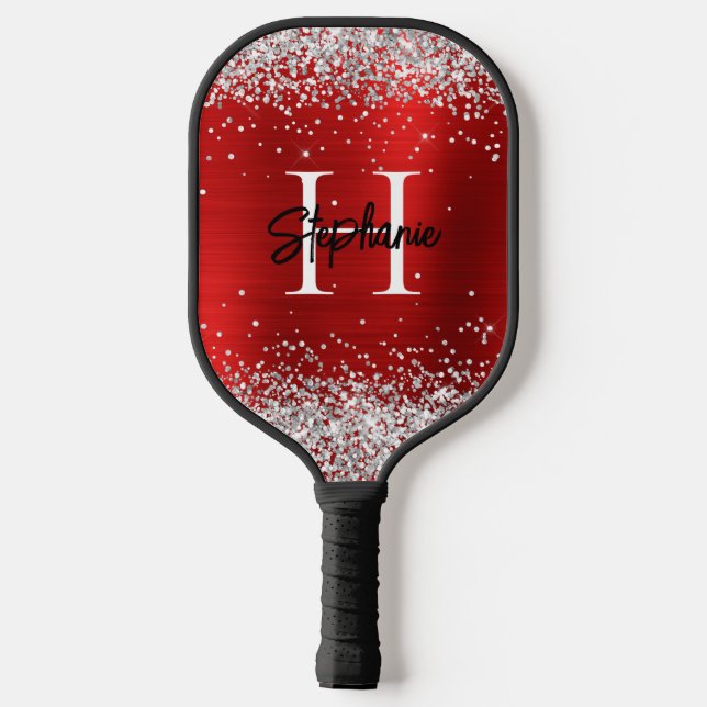 Silver Glitzer Red Foil Mit Monogramm Pickleball Schläger (Rückseite)