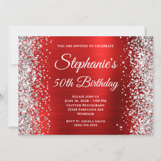 Silver Glitzer Red Foil Monogram 50. Geburtstag Einladung