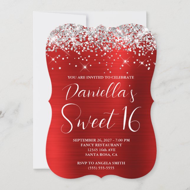 Silver Glitzer Red Glam Sweet 16 Einladung (Vorderseite)