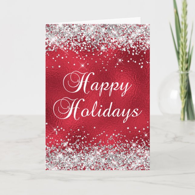 Silver Glitzer Red Glass Foil Happy Holidays Karte (Vorderseite)