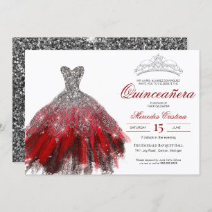 Silver Glitzer Red Gown Elegante Quinceañera Einladung
