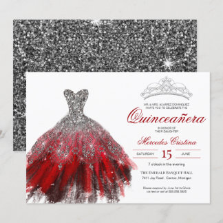 Silver Glitzer Red Gown Elegante Quinceañera Einladung