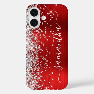 Silver Glitzer Red Metallic Girly Signature iPhone 16 Hülle