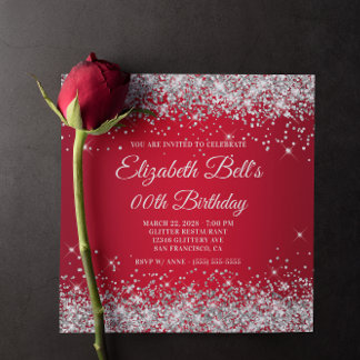 Silver Glitzer Red Ombre Extravagant Monogram Birt Einladung