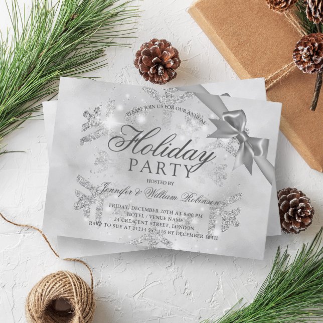 Silver Glitzer & Ribbon | Weihnachtsfeiertag Einladung (Silver Glitter & Ribbon | Xmas Holiday Invitation)