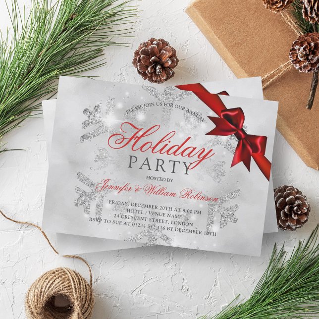 Silver Glitzer & Ribbon | Xmas Holiday Red Einladung (Silver Glitter & Ribbon | Xmas Holiday Red Invitation)
