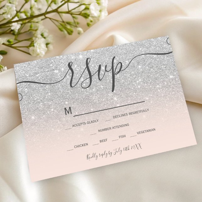 Silver Glitzer Rosa Drehbuch Chic uAwg RSVP Karte (Silver glitter blush pink script chic rsvp)