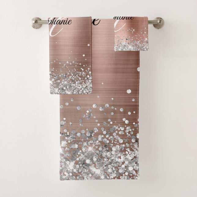 Silver Glitzer Rose Gold Foil Extravagant Monogram Badhandtuch Set (Insitu)