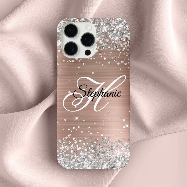Silver Glitzer Rose Gold Foil Extravagant Monogram Case-Mate iPhone Hülle (Silver Glitter Rose Gold Foil Fancy Monogram Case-Mate iPhone Case)