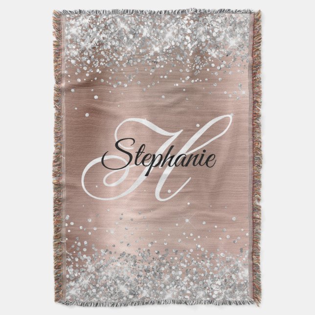 Silver Glitzer Rose Gold Foil Extravagant Monogram Decke (Vorderseite Vertikal)