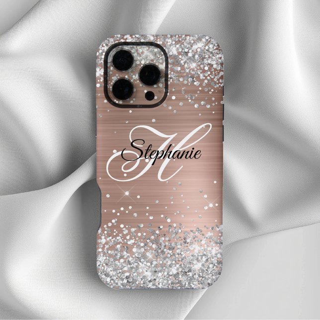 Silver Glitzer Rose Gold Foil Extravagant Monogram iPhone Hülle (Silver Glitter Rose Gold Foil Fancy Monogram iPhone Case)