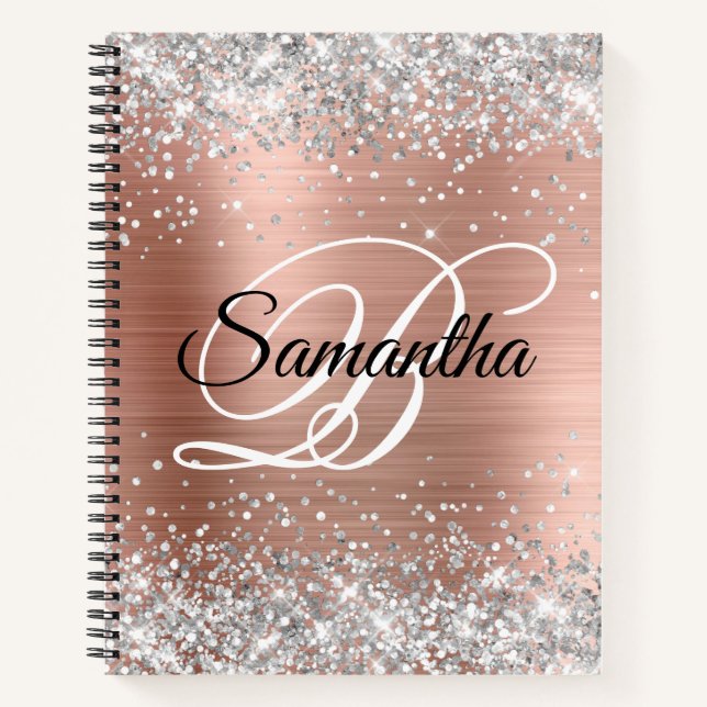 Silver Glitzer Rose Gold Foil Extravagant Monogram Notizbuch (Vorderseite)