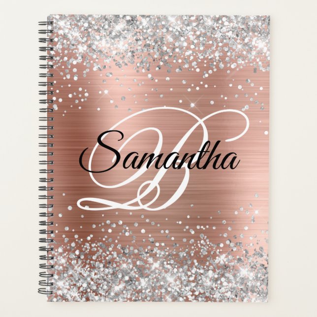 Silver Glitzer Rose Gold Foil Extravagant Monogram Planer (Vorderseite)