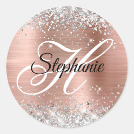 Silver Glitzer Rose Gold Foil Extravagant Monogram Runder Aufkleber