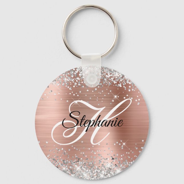 Silver Glitzer Rose Gold Foil Extravagant Monogram Schlüsselanhänger (Vorderseite)