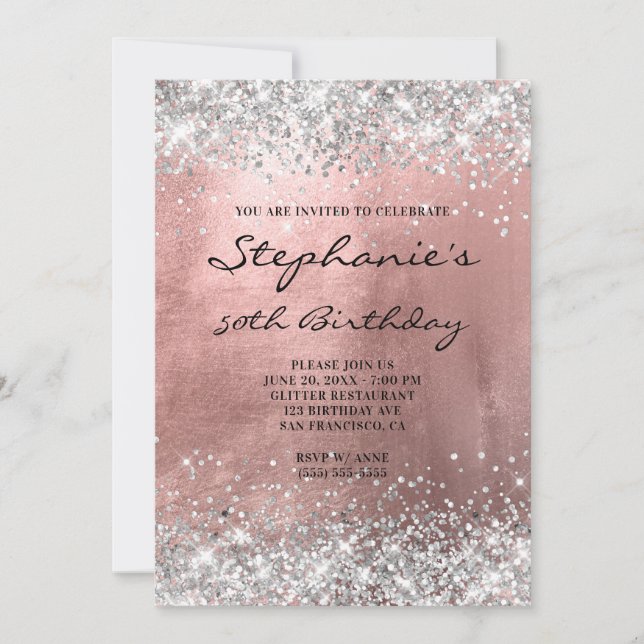 Silver Glitzer Rose Gold Foil Monogram Birthday Einladung (Vorderseite)